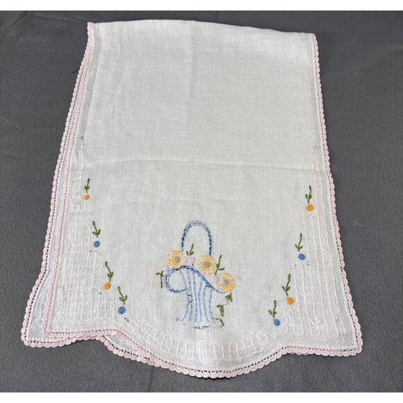 Hand Embroidered Linen Table Runner Flowers & Pink Lace Trim 38x14" - Picture 4 of 11